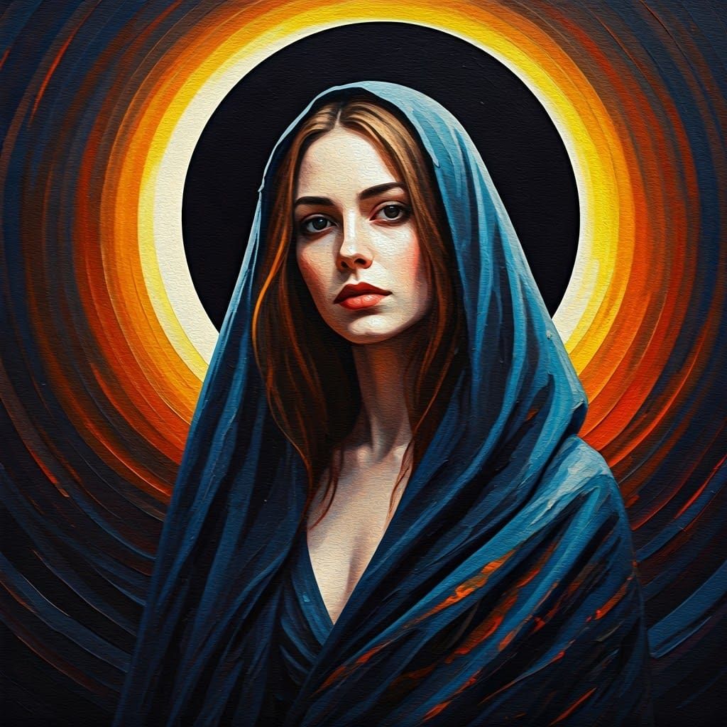 Woman at Eclipse: Neo-Impressionist Impasto Oil Painting