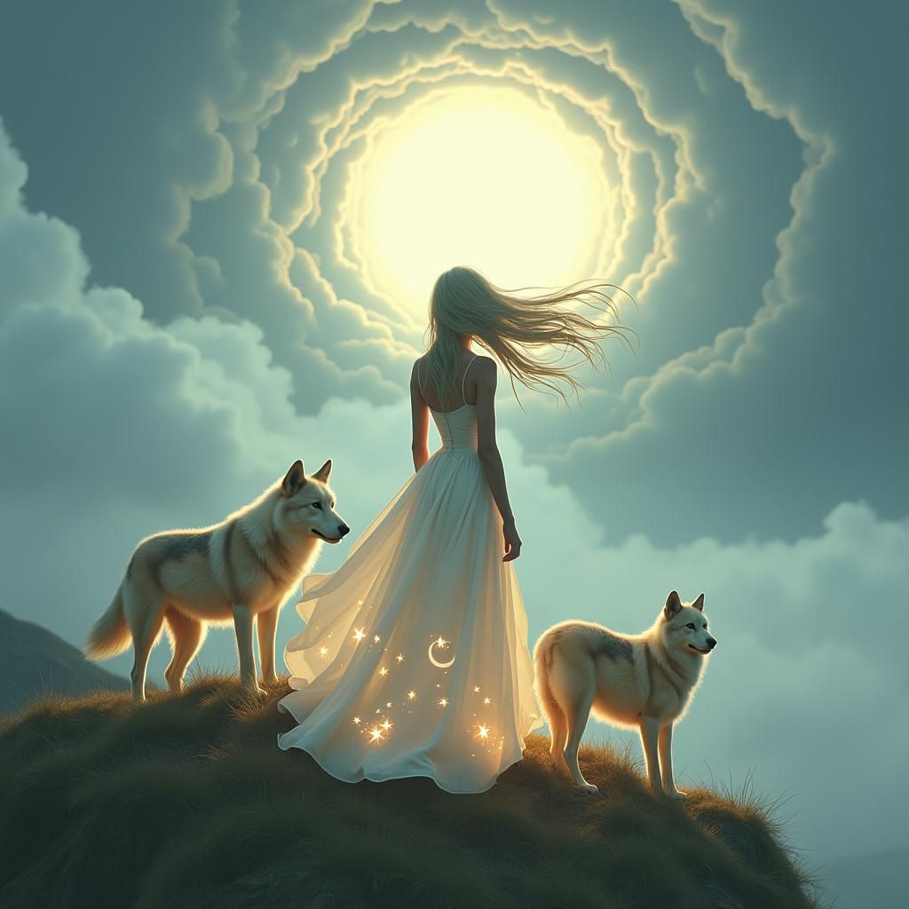 Ethereal Woman with Wolves in Dreamy Landscape