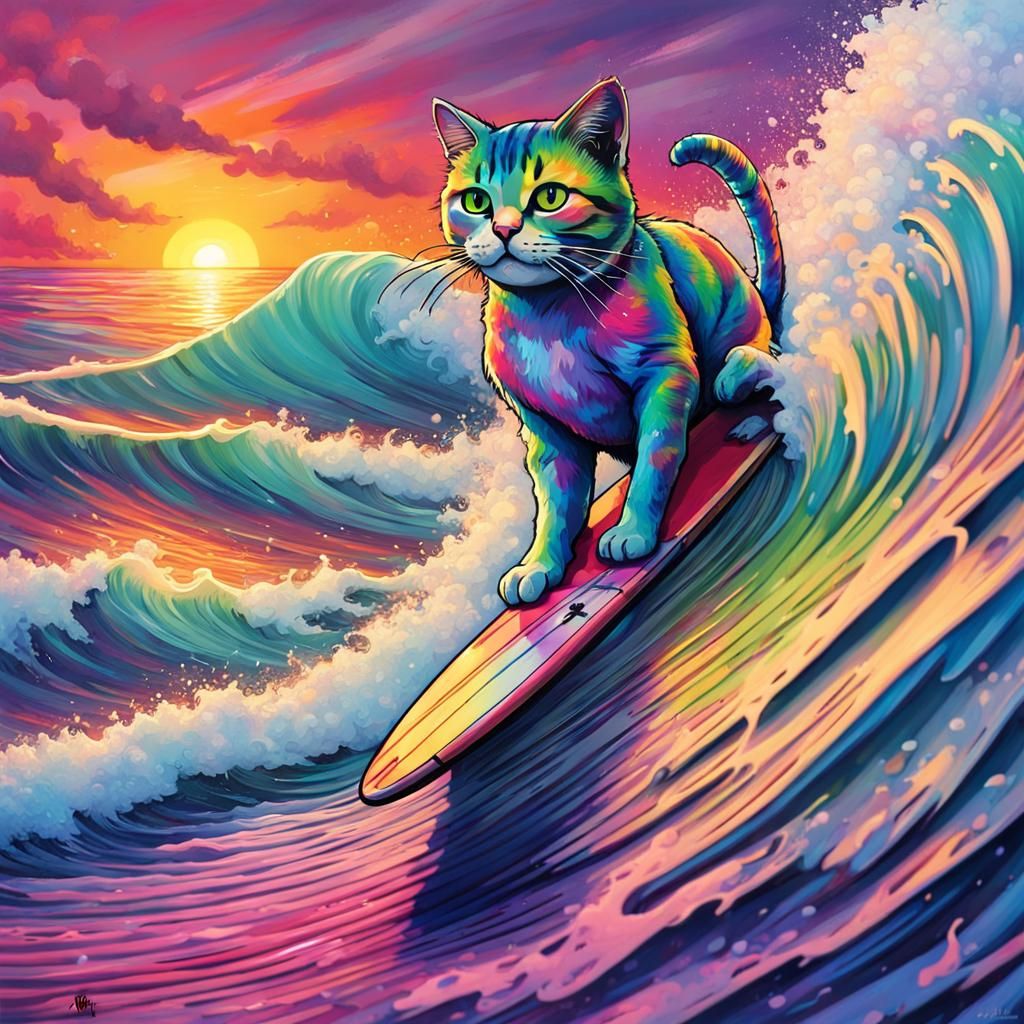 Cat Surfing Tsunami Wave in Graffiti Art Style