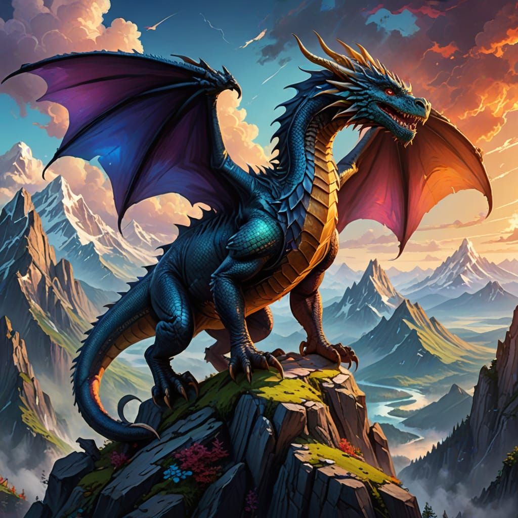 3D Dragon on 2D Mountain Peak in Vibrant Digital Art