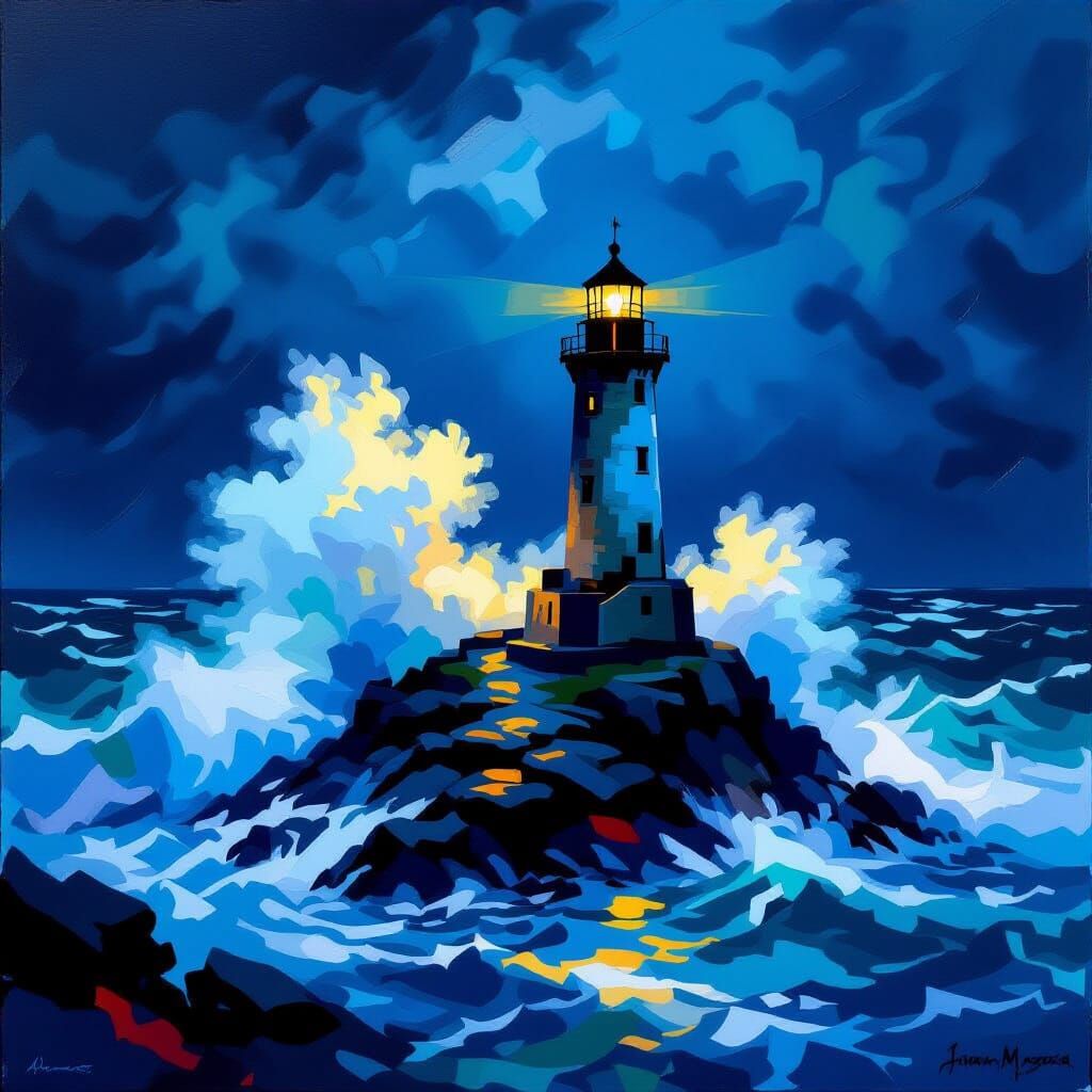 Lighthouse in Stormy Night, Impressionist Painting