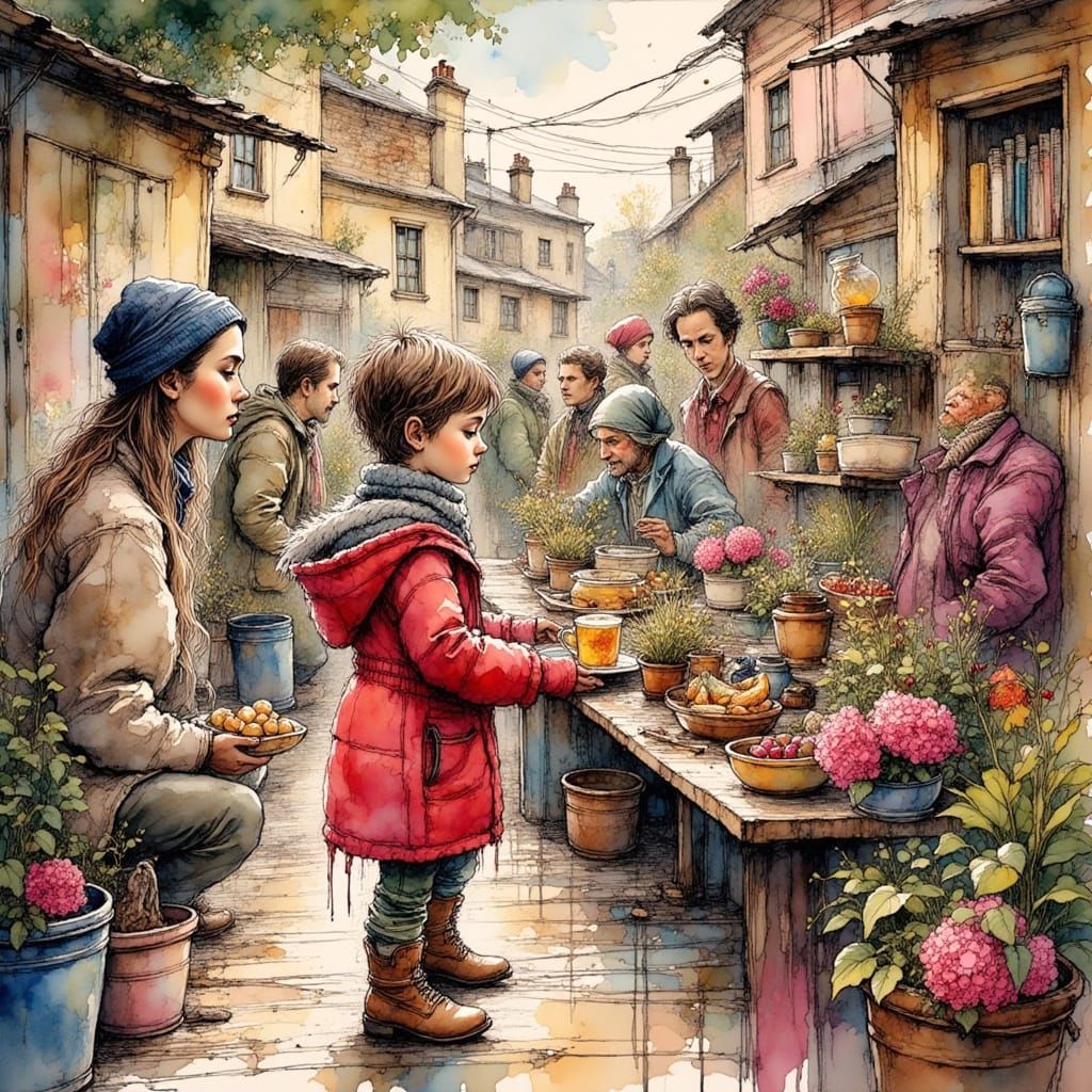 Woman in Neon City with Coffee, Digital Art Style