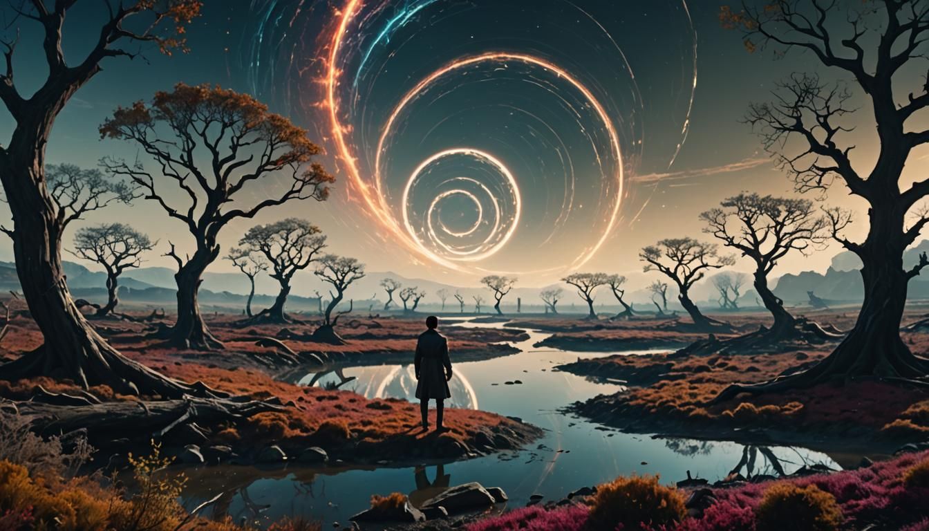 Wanderer in Dystopian Future with Spaceships, Digital Art