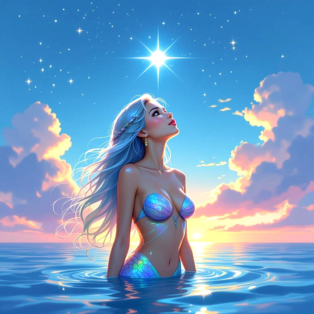 Iridescent Mermaid Gazes Longingly at the Night Sky