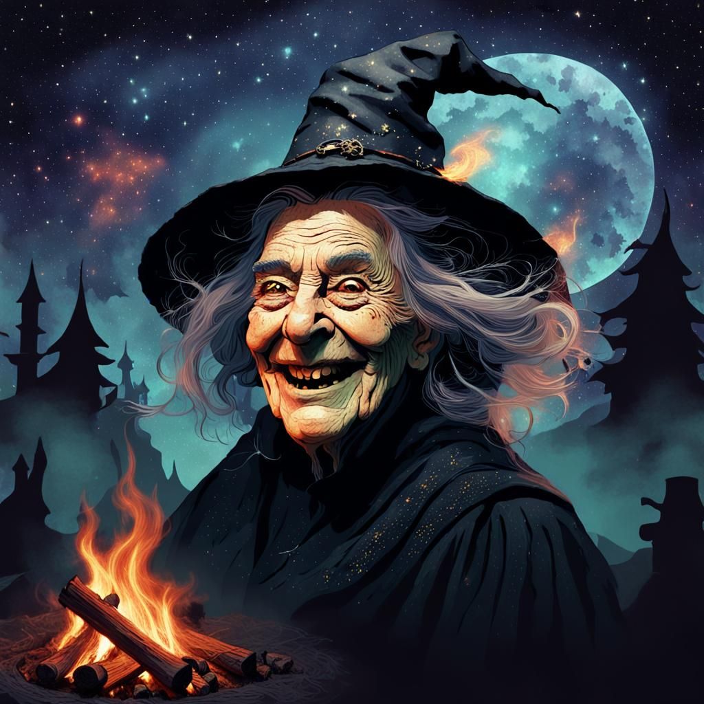 Expressive Witch Portrait in Digital Collage Style