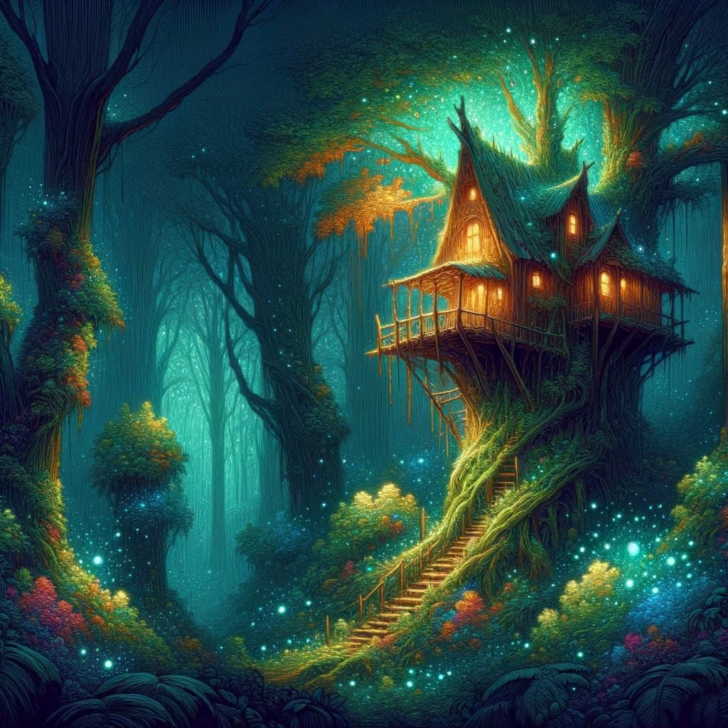 Overgrown Treehouse in Bioluminescent Forest Storybook Style
