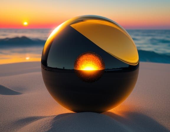 Obsidian Sphere on Beach at Golden Hour Sunset