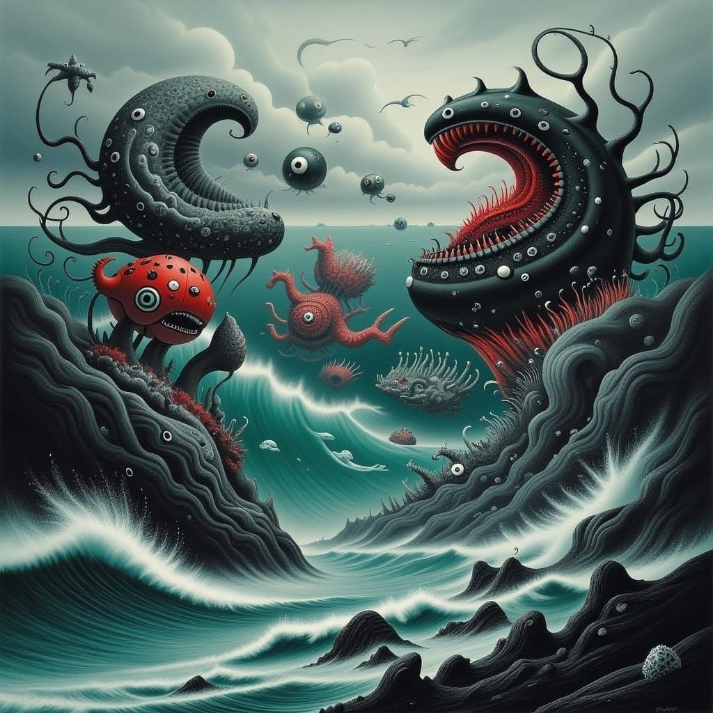 Epic Sea Monster Battle in Biomechanical Style