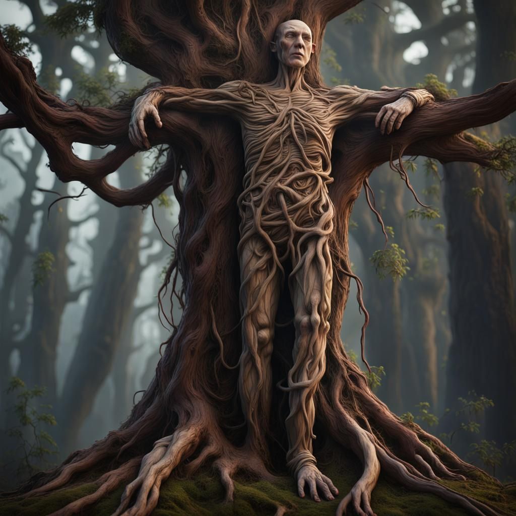 Rooted: Armless Wooden Figure in Detailed Matte Painting