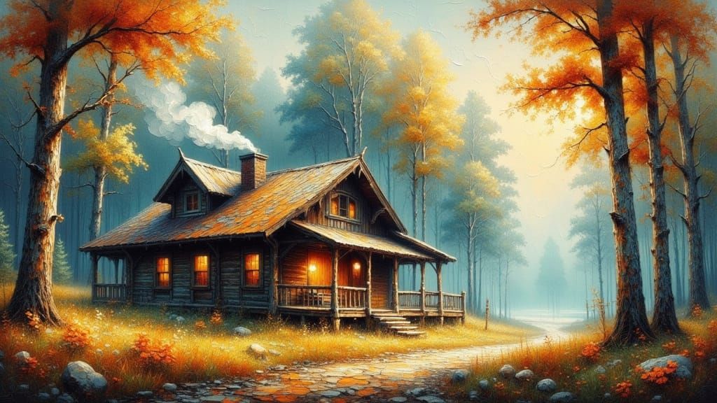 Cabin in Woods: Impasto Painting in Mucha Style