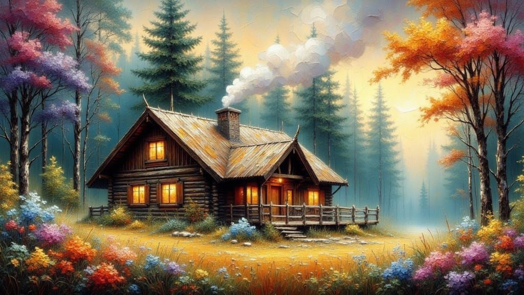 Cabin in Woods, Impasto Watercolor Style