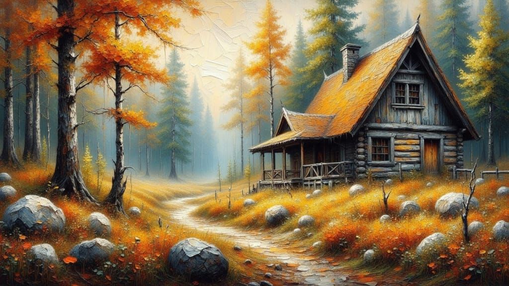 Cabin in Woods as Impasto Painting with Smoke