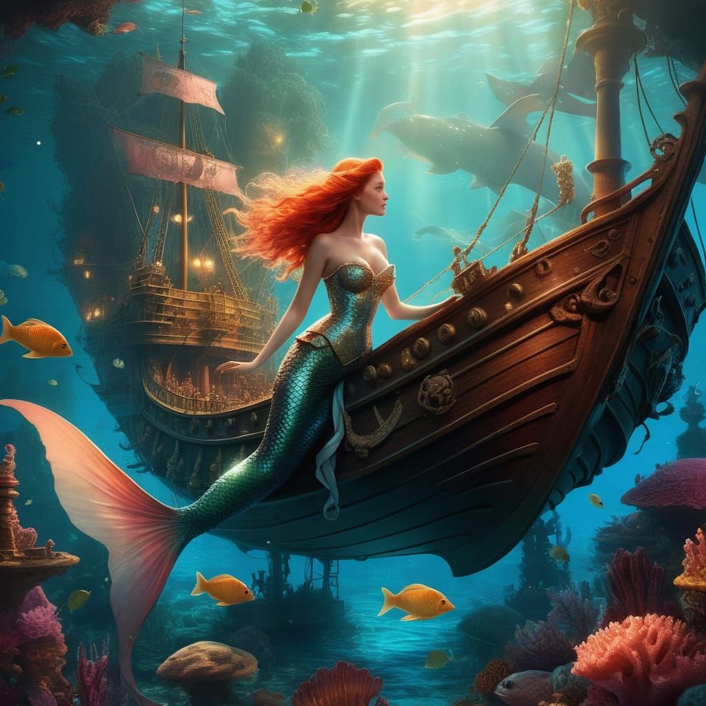 Mermaid Siren in Sunken Pirate Ship, Vibrant Underwater Illu...