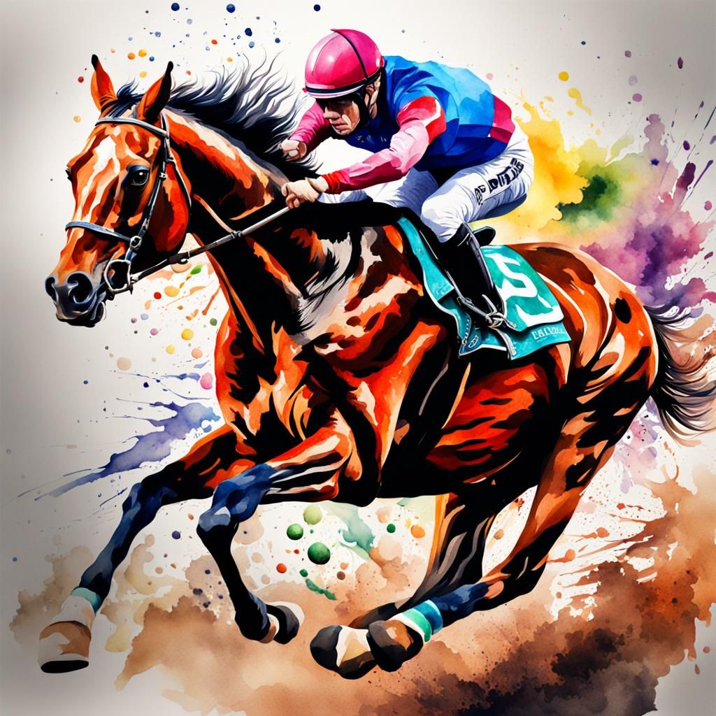 Hyperrealistic Watercolour Horse Race Painting