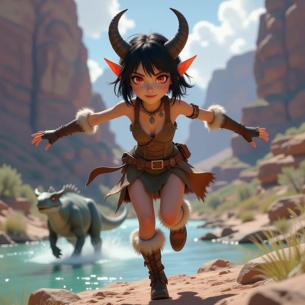 Ethereal Tiefling Leaps onto Fleeing Alosaurus in a River Ca...