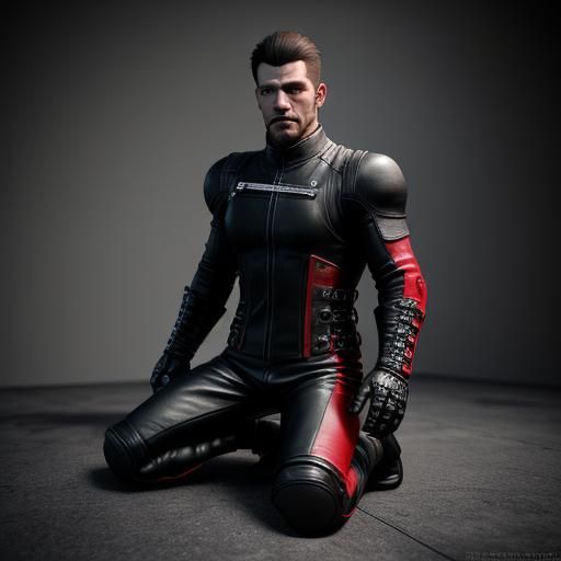 Muscular Man in Leather Biker Suit in Dungeon