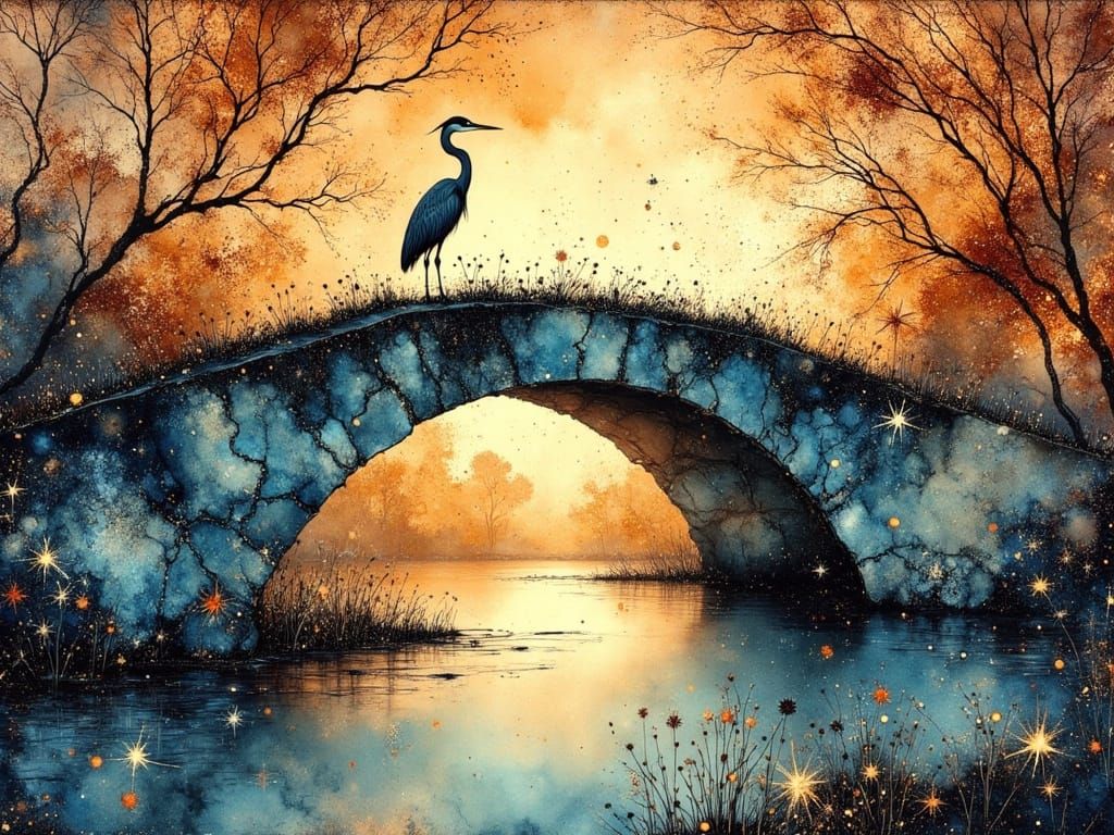 Heron on Stone Bridge at Twilight in Alcohol Ink Style