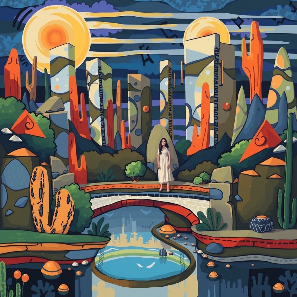 Ethereal Sunset Landscape with Woman Amidst Natural Beauty