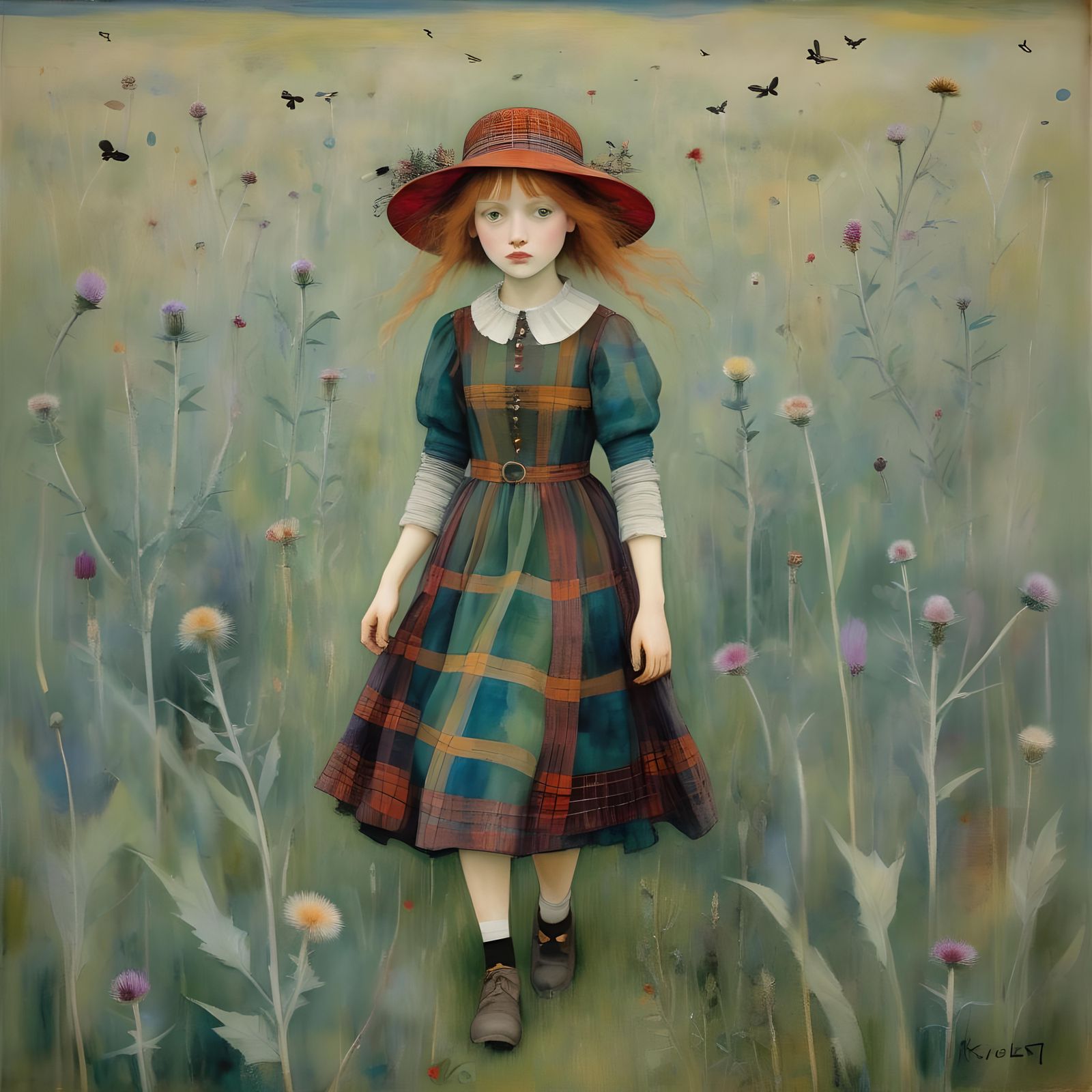 Scottish Girl in Thistle Field: Abstract Art Style
