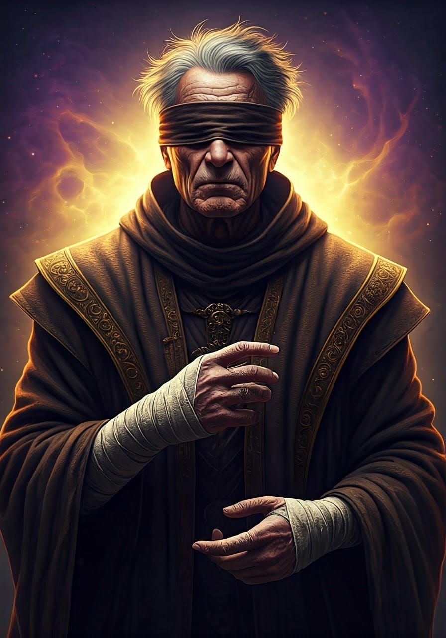 Elderly Blindfolded Magician Conjures in Celestial Nebulae