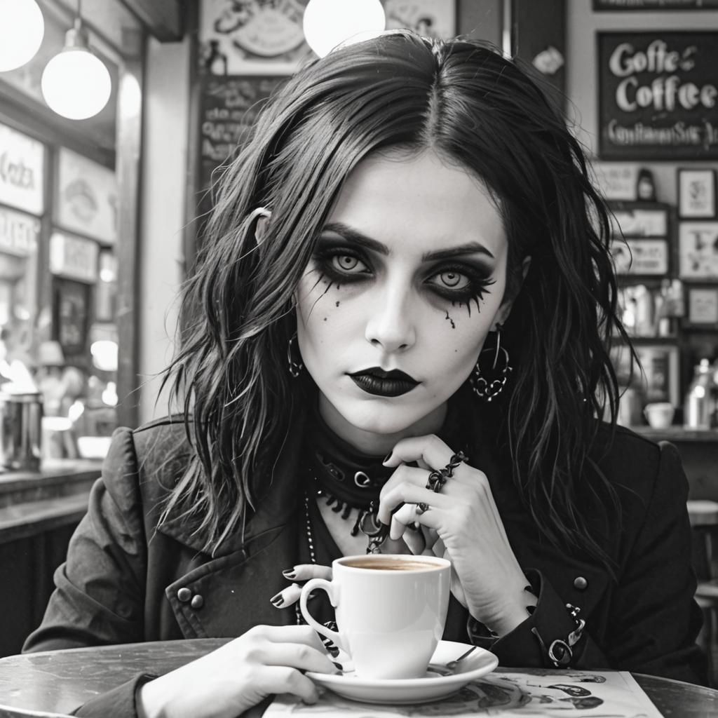 Goth Fashion Model in Coffee Shop