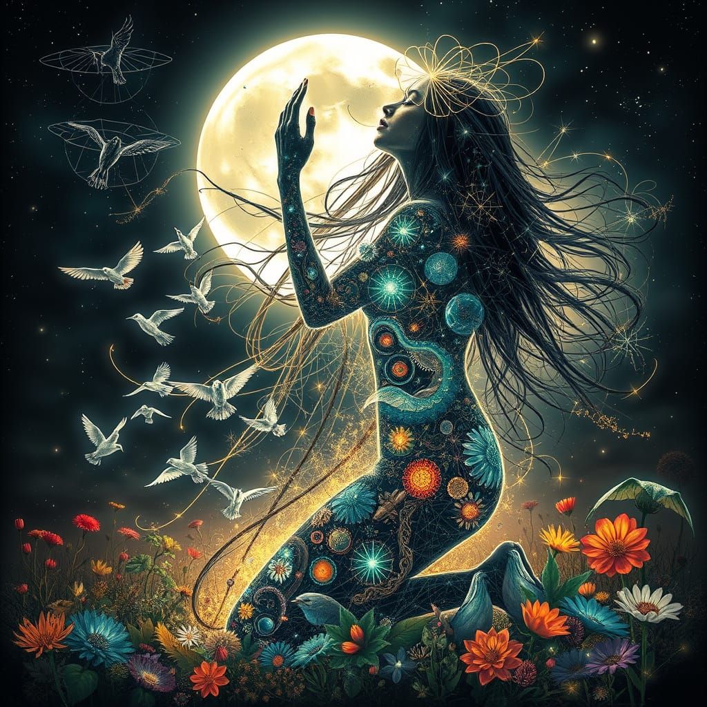 Ethereal Goddess Embracing Duality and Resilience in a Dream...