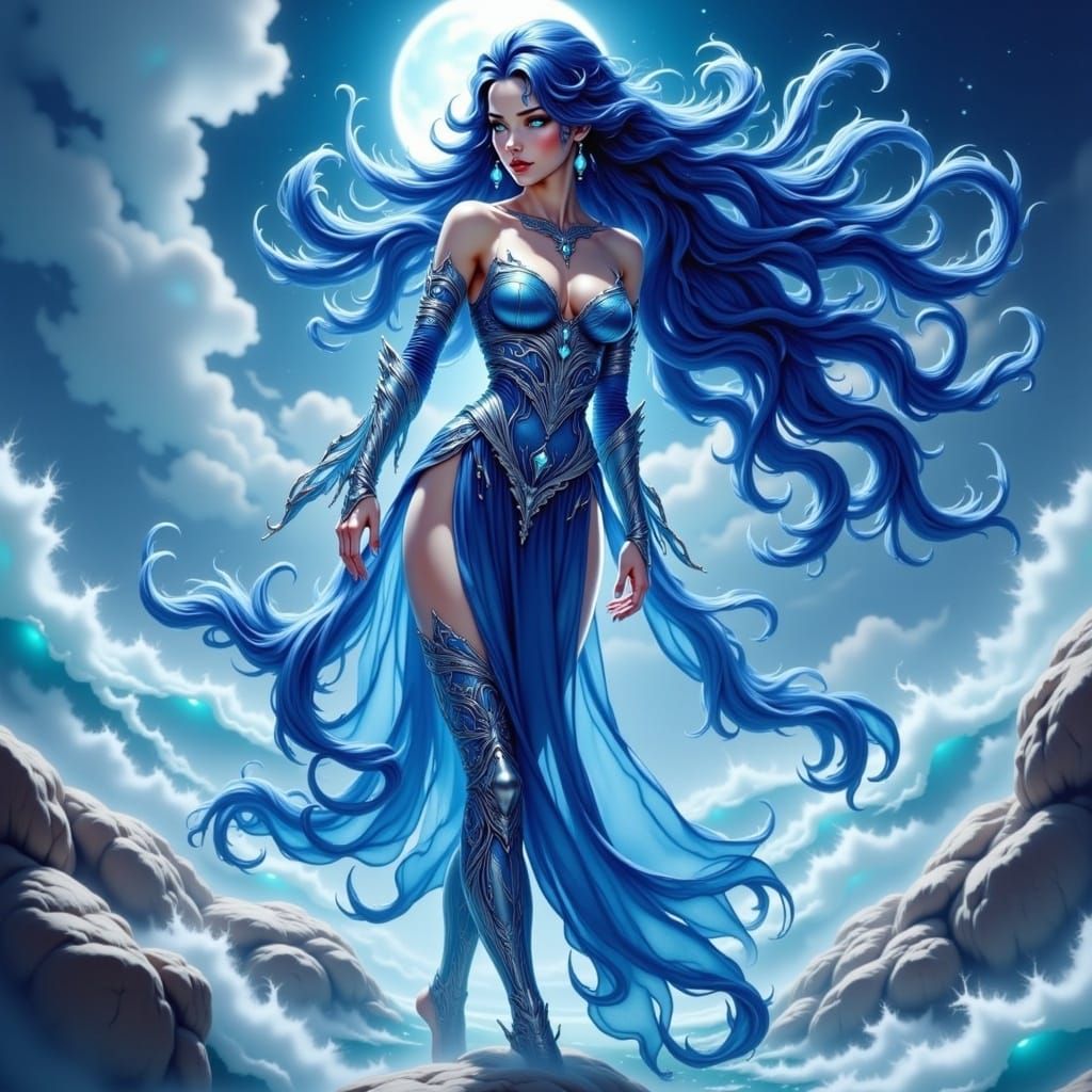 Neptune-Inspired Maiden on an Icy Planet in Anime Style