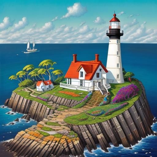 Lighthouse on Island with Cottages: Art Brut Illustration