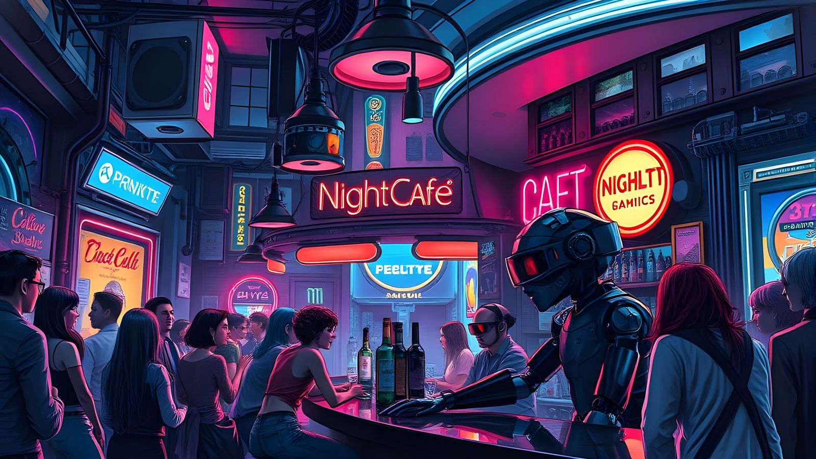 Cyberpunk Night Café Scene in Sci-Fi Art Gallery