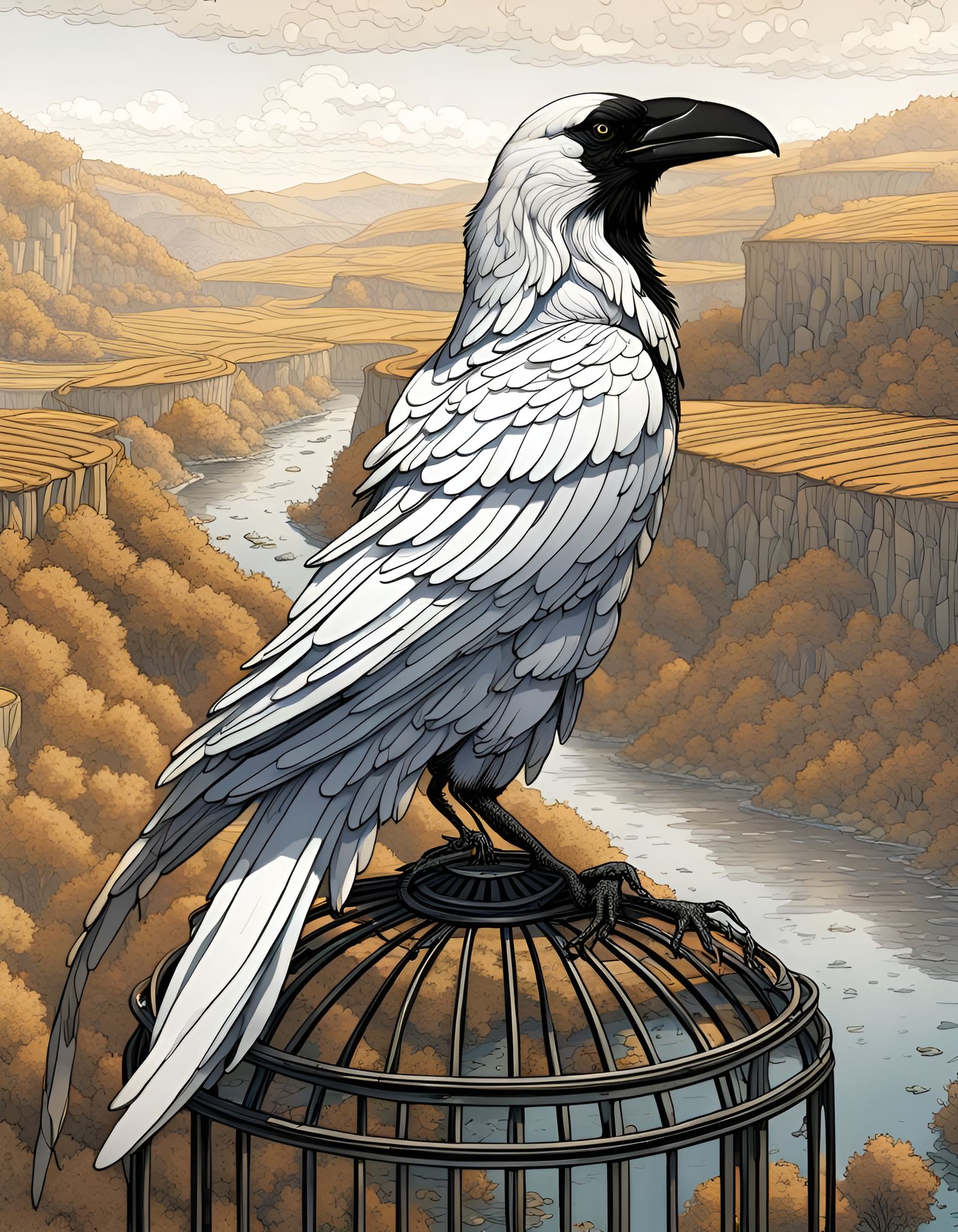 White Raven Above River: Detailed Digital Art