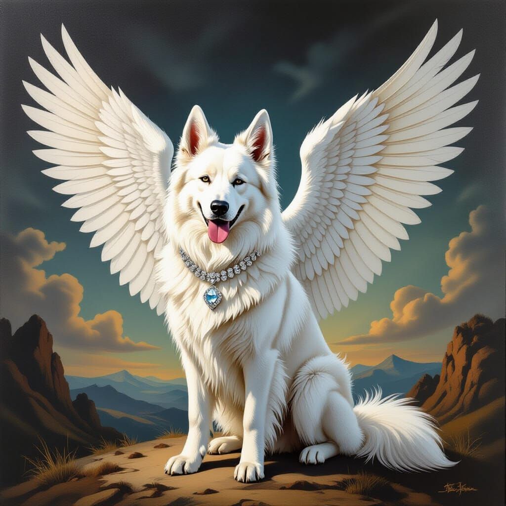 Diamond-Winged Swiss Shepherd in Surrealist Charcoal Drawing