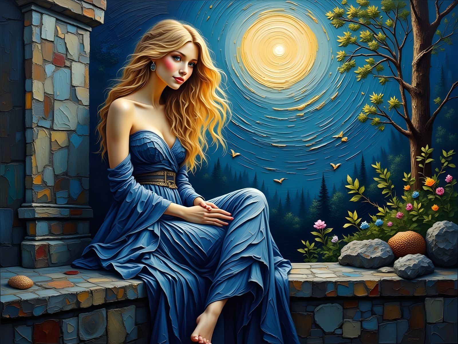 Norse Goddess on Moonlit Balcony, Impasto Oil Painting