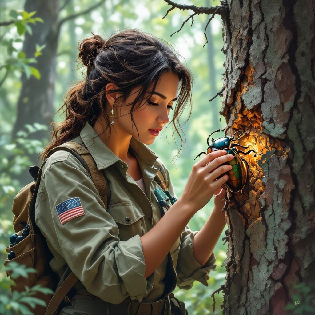 Conservationist Inspects Pine Weevil Damage in Forest