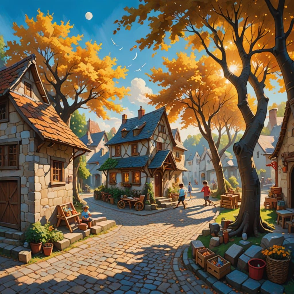 Idyllic Village Scene in Vibrant Oil Painting Style