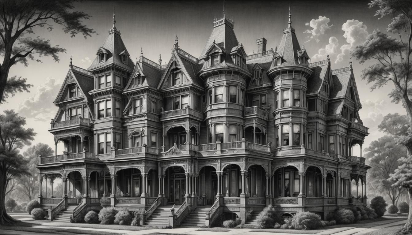 Ornate Victorian Mansion Blueprint in Charcoal