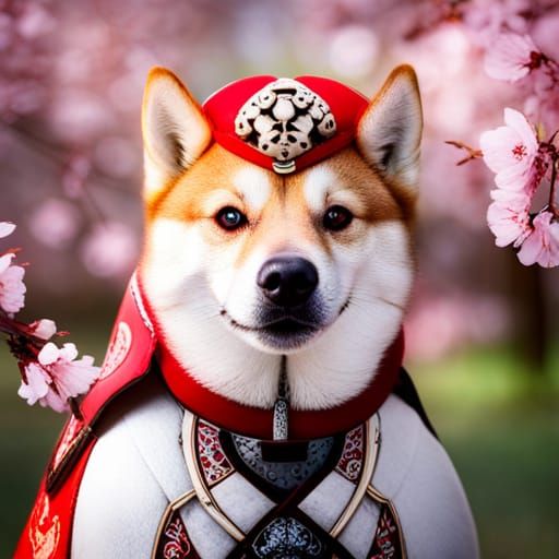 Samurai Shiba Inu in Cherry Blossom Garden