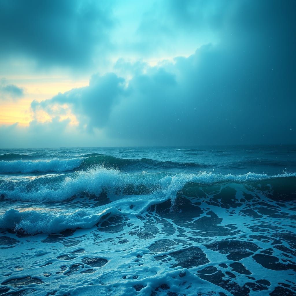 Surreal Snowstorm Over Turquoise Ocean in Vibrant Colors