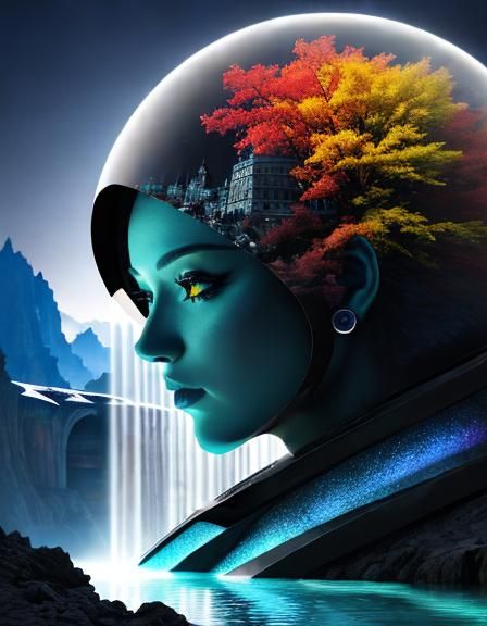 Woman's Portrait on Alien Planet with Techno Fountain