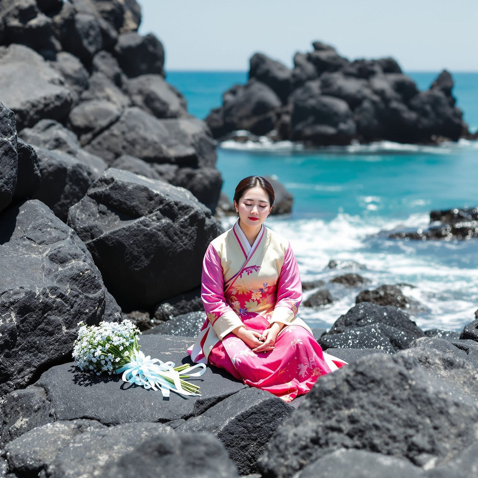 Contemplative Woman in Hanbok by Ocean