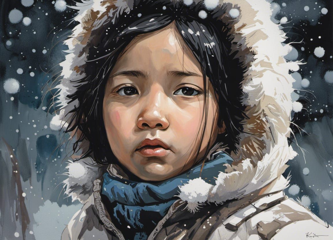 Detailed Portrait of Inuit Girl in Snow, Chiaroscuro