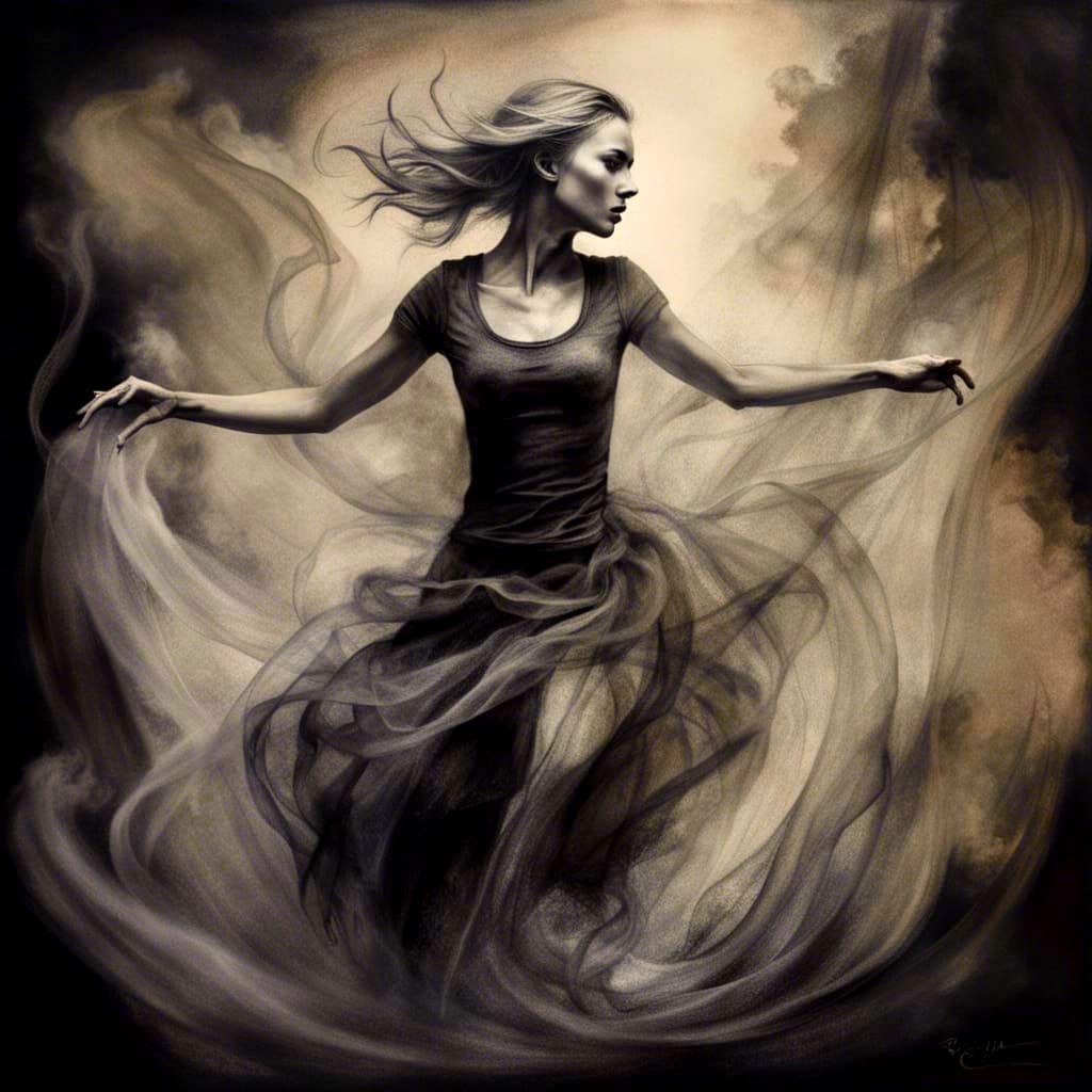 Smoky Female Figure Dancing: Charcoal Drawing