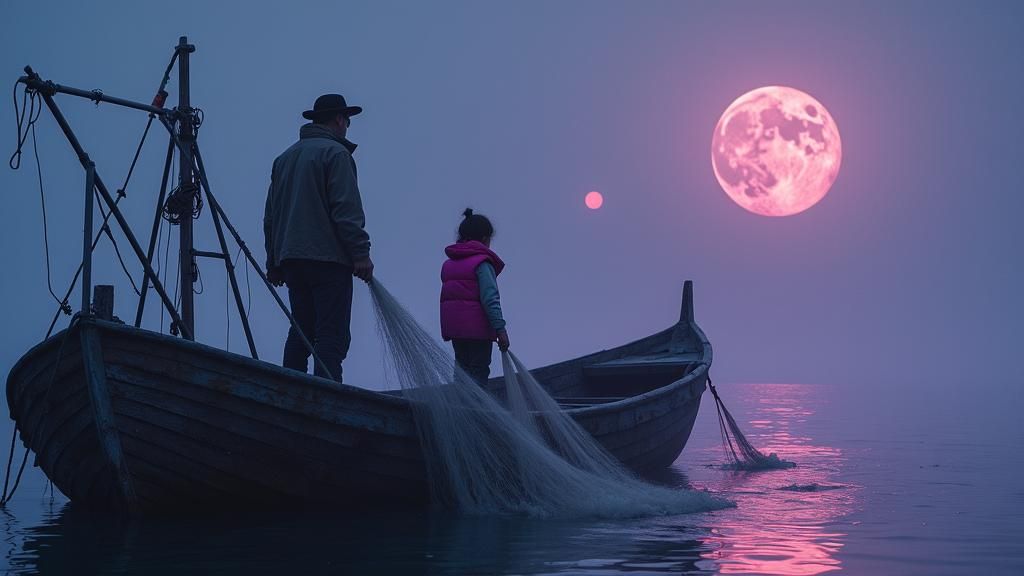 Ethereal Fishing Scene with Double Moons