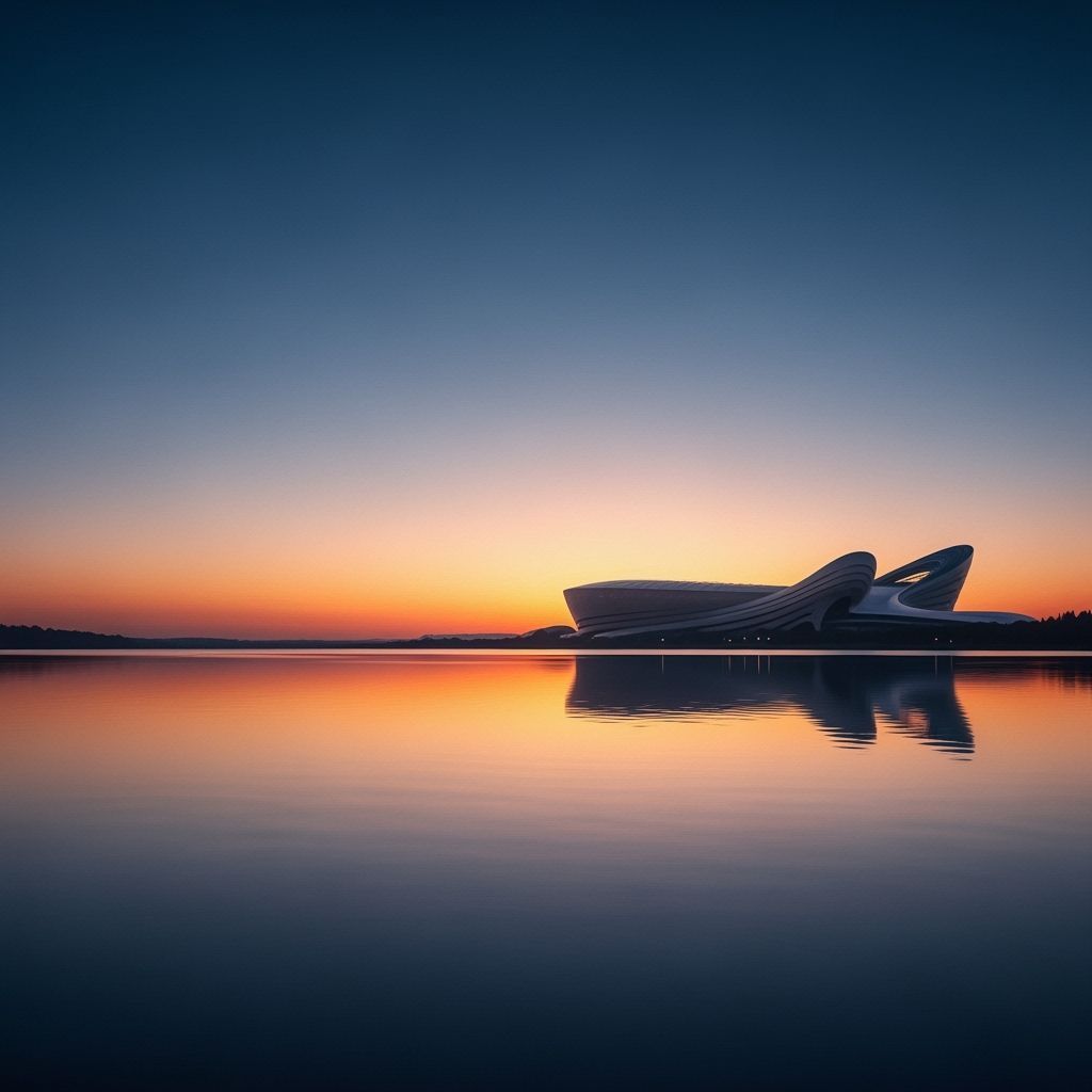Sunset Lake with Distant Stadium in Romantic Style
