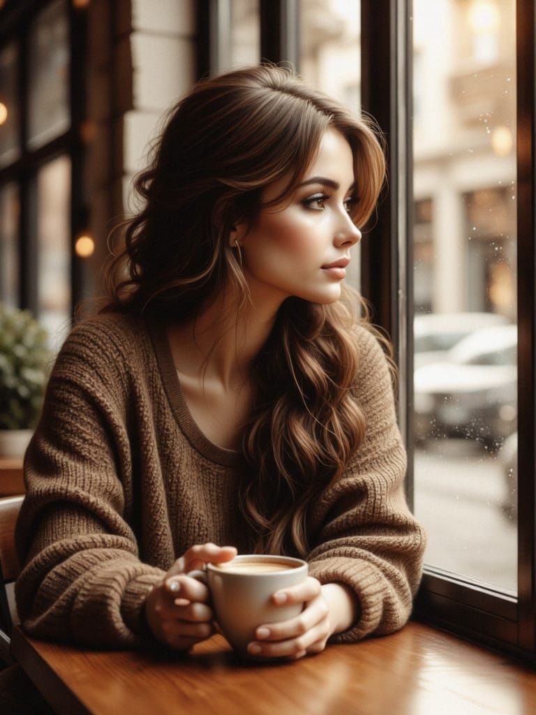 Woman Contemplates Life by Café Window