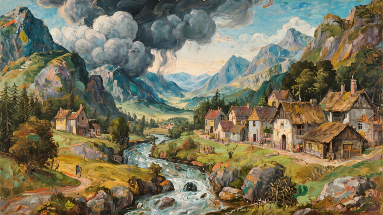 Mountain Town in Valley with Storm Clouds, as Painting
