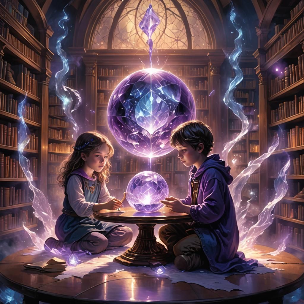 Children Gaze at Glowing Crystal Orb in Library