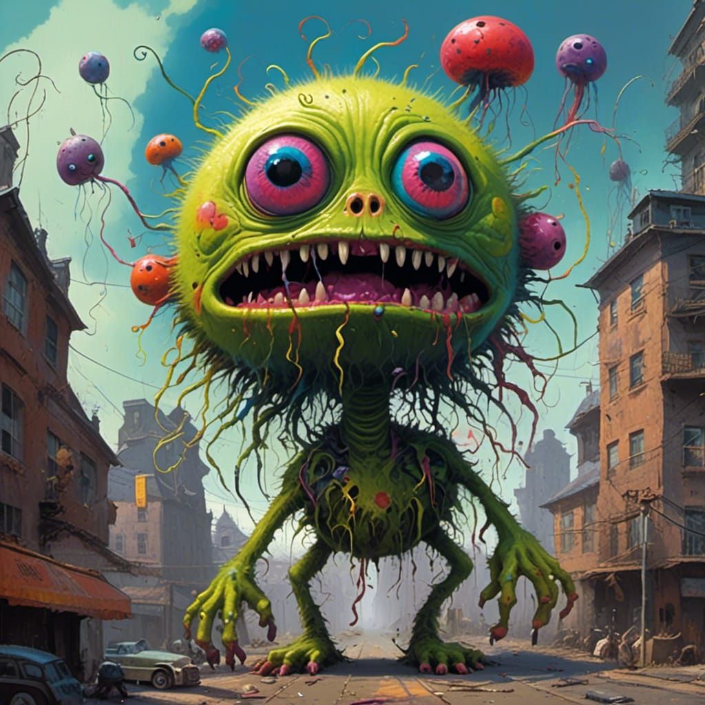 Fuzzy Androgynous Figure in Sci-Fi Industrial Landscape