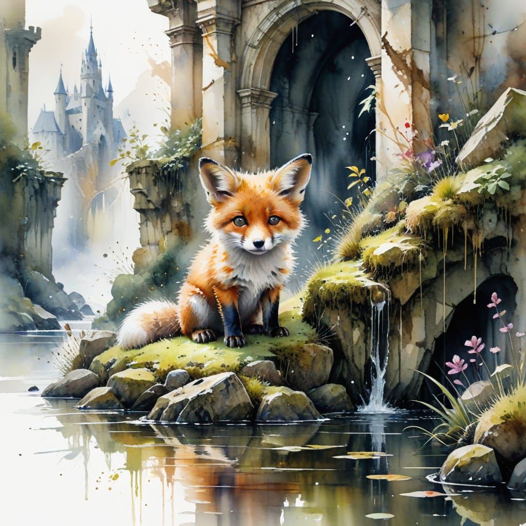 Cute Fox Cub on Castle Ruin in Watercolor