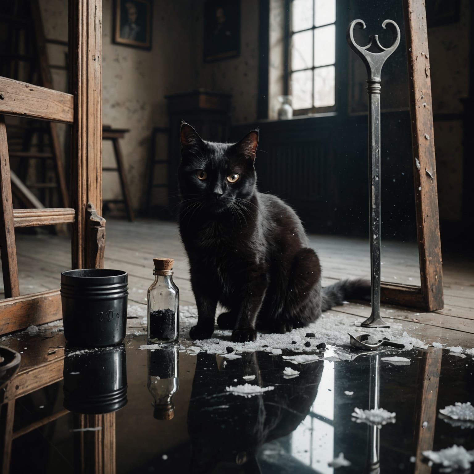 Creepy Gothic Black Cat with Broken Mirror