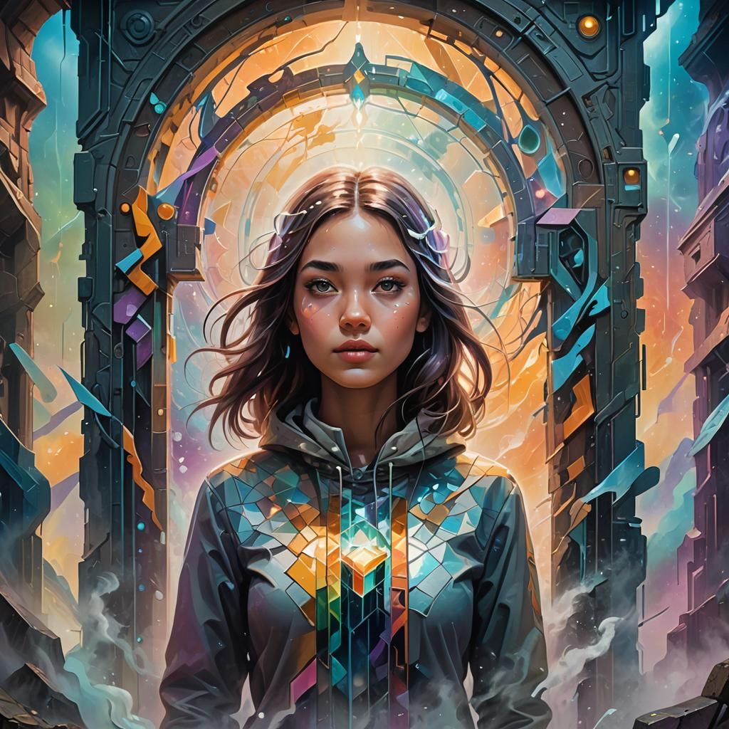 Girl Enters Alien Portal: Crystalline Cubism Metamorphosis